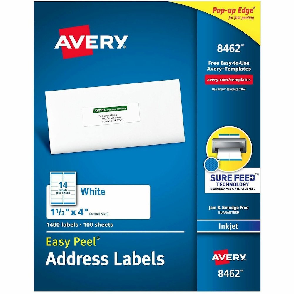 Avery&reg; Easy Peel Address Labels, 1-1/3" x 4" , 1,400 Labels (8462) - x 1 21/64" Width x 4" Length - Permanent Adhesive - Rectangle - Inkjet - Matte - White - Paper - 14 / Sheet - 100 Total Sheets . Picture 1