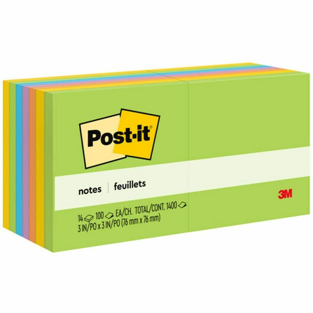 Post-it&reg; Notes - Floral Fantasy Color Collection - 1400 - 3" Flag/Note Width x 3" Flag/Note Length - Square - 100 Sheets per Pad - Unruled - Limeade, Citron, Iris Infusion, Positively Pink, Blue P. Picture 1