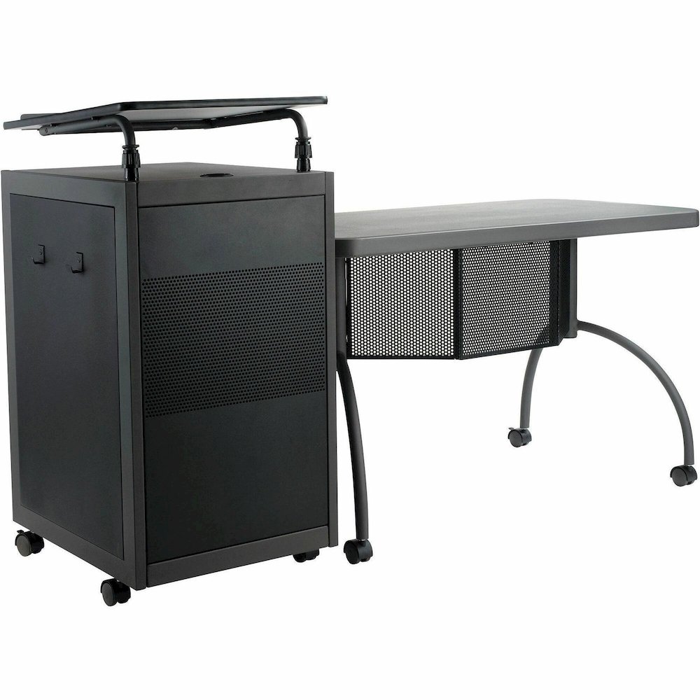 National Public Seating OklahomaSound TWP Desk & Lectern Set - 41" Height x 24" Depth, x 68" Width - Material: Steel, Metal, Mesh, Plastic - Finish: Charcoal Slate, Black - White Nebula Table Top - He. Picture 1