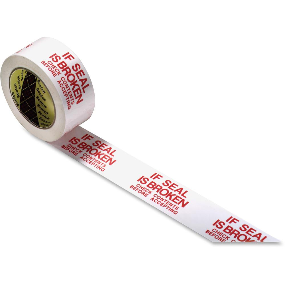 Scotch Preprinted Message Seal Broken Tape - 109.36 yd Length x 1.88" Width - 3" Core - 1.20 mil - Polypropylene Film Backing - For Sealing - 1 / Roll - White, Red. Picture 1