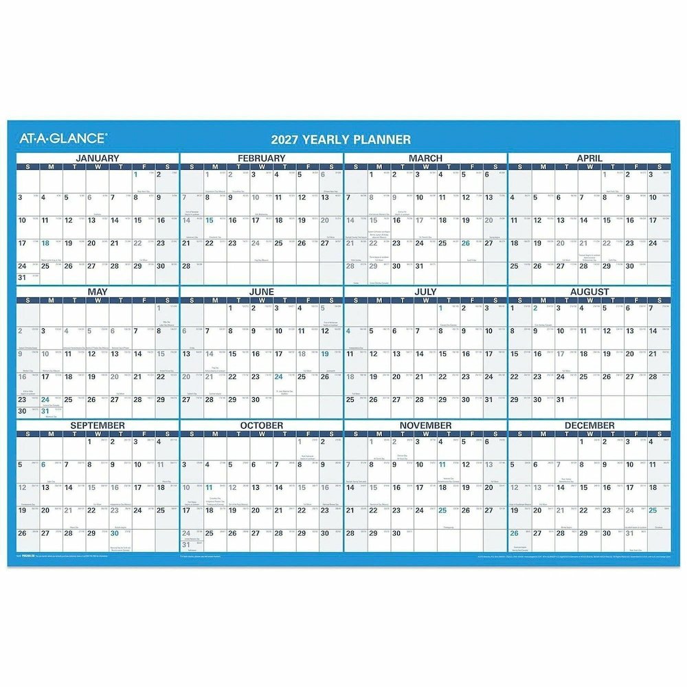 At-A-Glance Horizontal Reversible Erasable Wall Calendar - Large - Julian Dates - Yearly - 12 Month - January 2026 to December 2026 - 36" x 24" Sheet Size - White Sheet - 1.25" x 1.25" Block - Blue, G. Picture 1