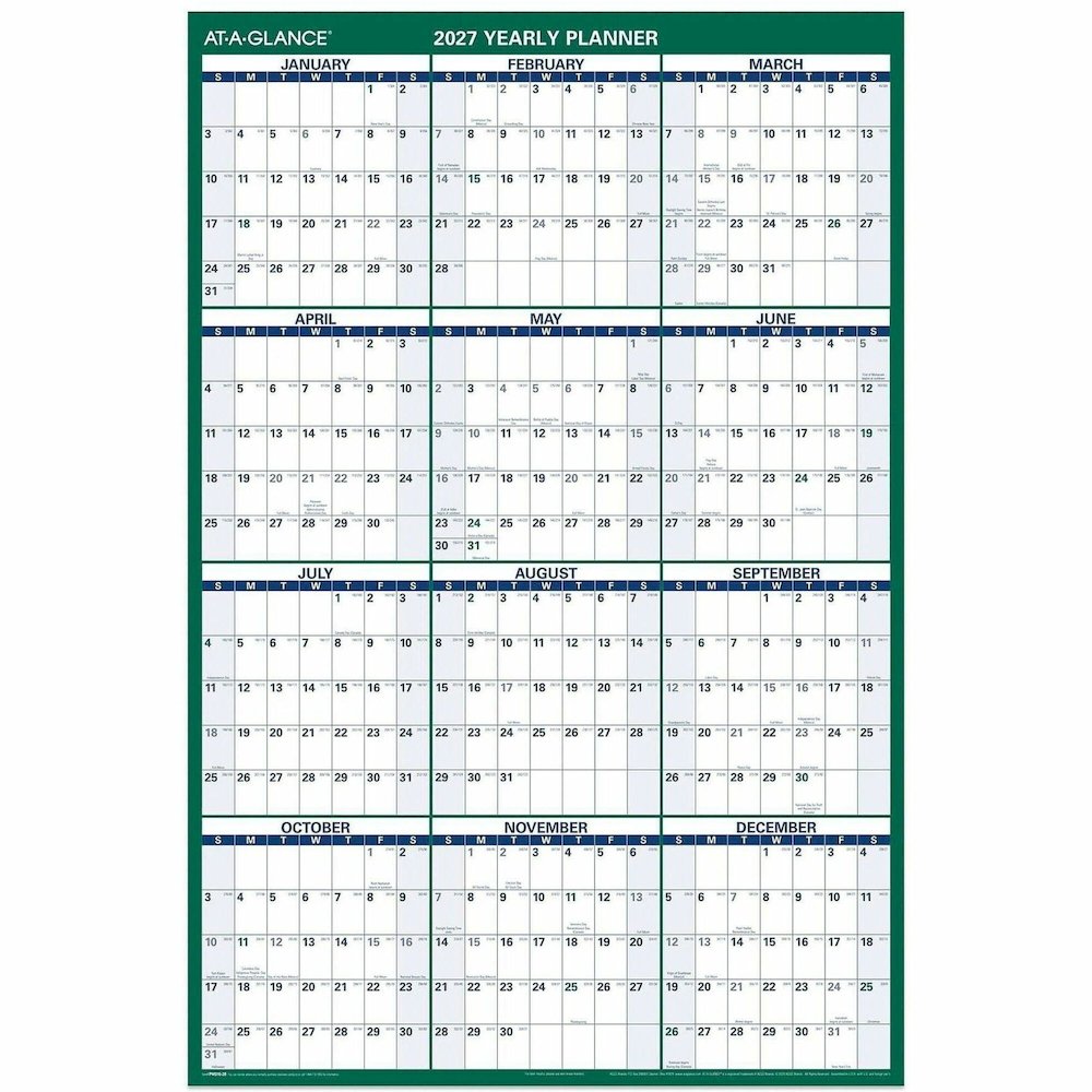 At-A-Glance Vertical Reversible Erasable Wall Calendar - Extra Large - Julian Dates - Yearly - 12 Month - January 2026 to December 2026 - 48" x 32" Sheet Size - White Sheet - Green - Laminate - 1 Each. Picture 1