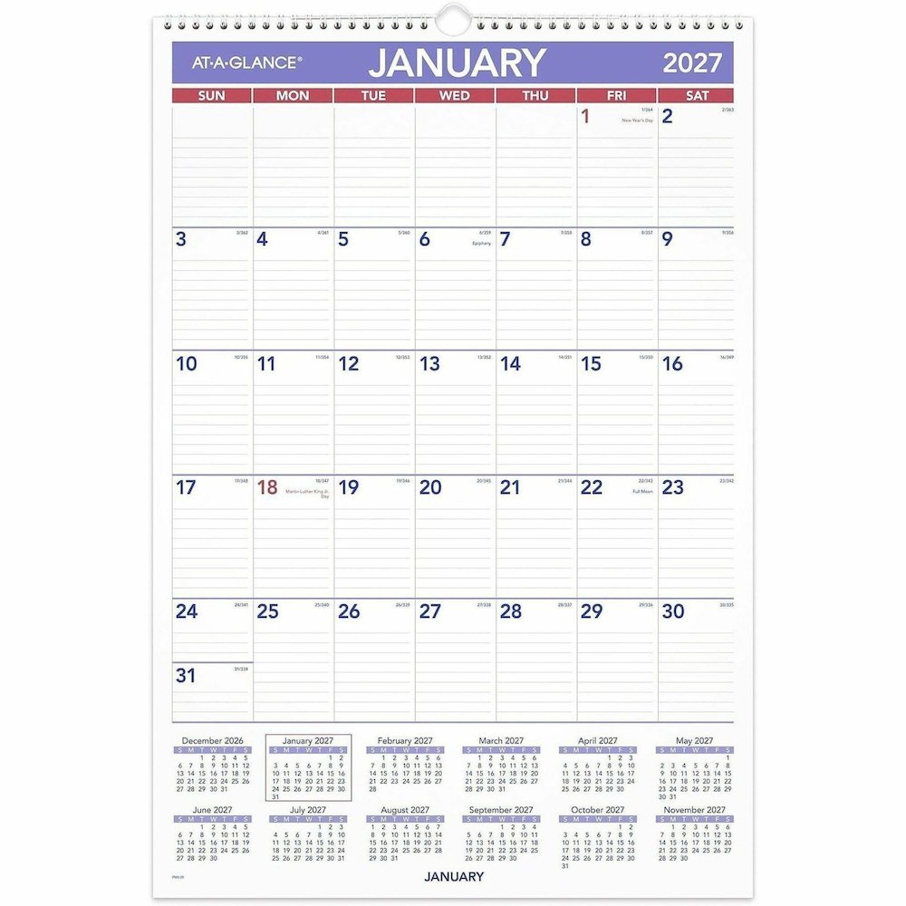 At-A-Glance Erasable Wall Calendar - Large - Julian Dates - Monthly - 12 Month - January 2026 to December 2026 - 1 Month Single Page Layout - 15 1/2" x 22 3/4" Sheet Size - White Sheet - 2.06" x 3.31". Picture 1