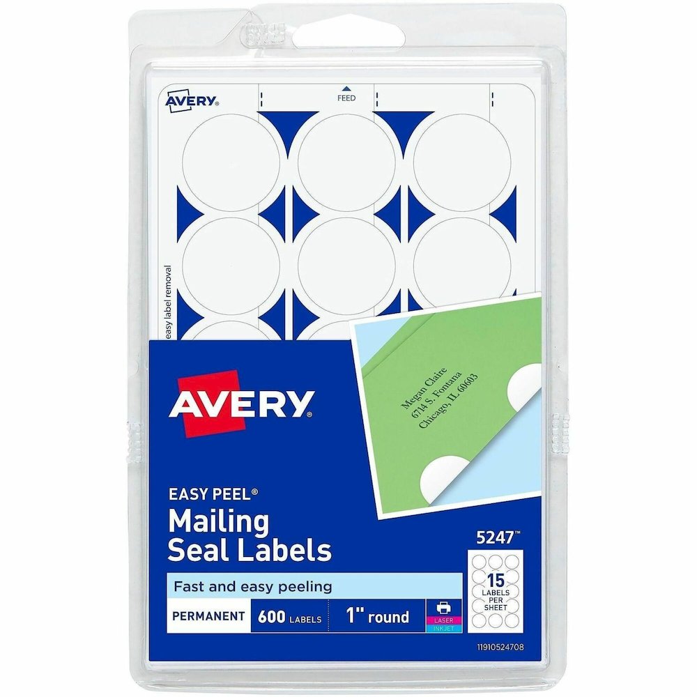 Avery&reg; Mailing Seals, Permanent, 1" Diameter, 600 Labels (5247) - Matte - Permanent Adhesive, Laminated, Moisture Resistant, Water Resistant - White - 600 / Pack. Picture 1
