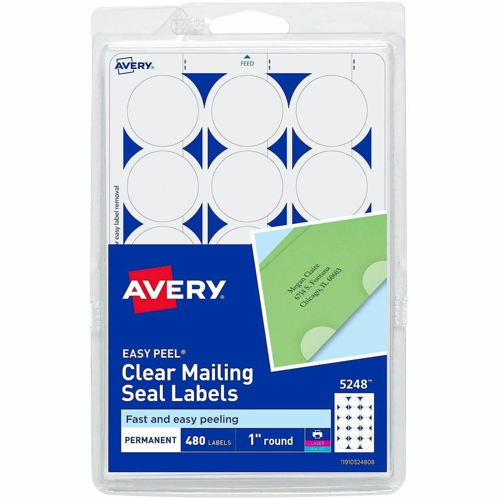 Avery&reg; Avery Printable Mailing Seals, Clear, 1" Diameter, 480 Labels (5248) - Glossy - Permanent Adhesive, Laminated, Acid-free, Moisture Resistant, Water Resistant - Clear - 480 / Pack. Picture 1