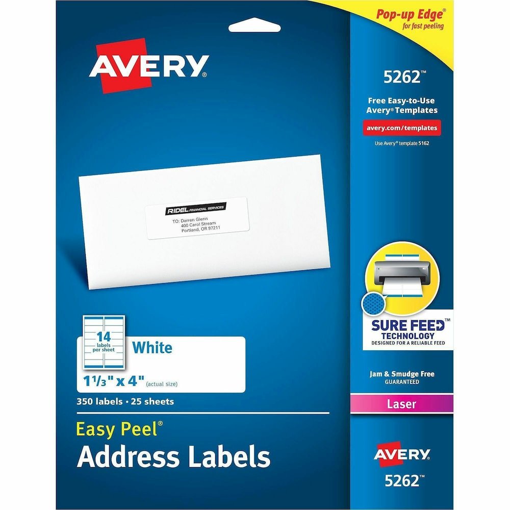 Avery&reg; Easy Peel Address Labels, 1-1/3" x 4" , 350 Labels (5262) - x 1 21/64" Width x 4" Length - Permanent Adhesive - Rectangle - Laser - Matte - White - Paper - 14 / Sheet - 25 Total Sheets - 35. Picture 1
