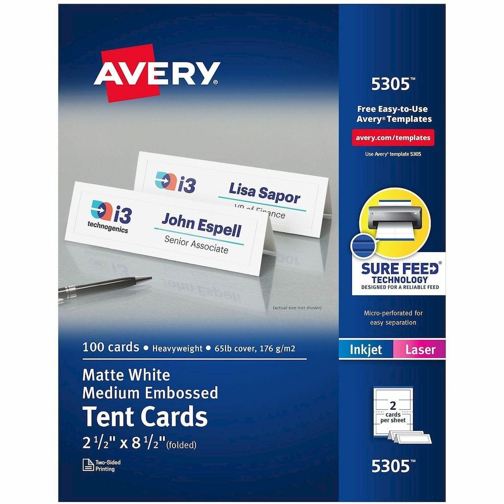 Avery&reg; Tent Cards, 2-1/2" x 8-1/2" , Embossed Border, 100ct (5305) - 97 Brightness - 2 1/2" x 8 1/2" - 65 lb Basis Weight - 176 g/m² Grammage - Matte, Embossed - Heat Resistant, Heavyweight, . Picture 1