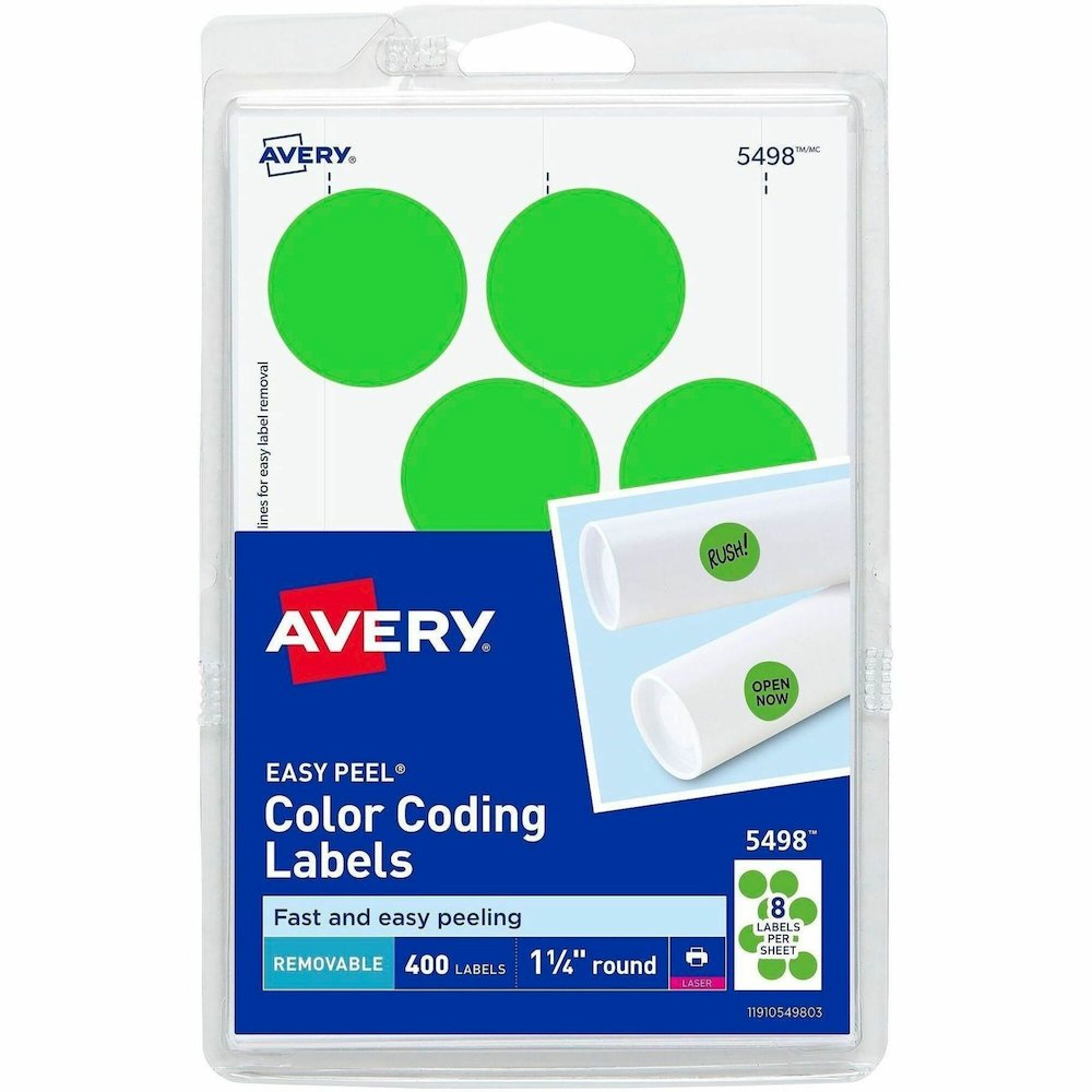 Avery&reg; 1-1/4" Color-Coding Labels - 1 1/4" Diameter - Removable Adhesive - Round - Laser - Neon Green - 12 / Sheet - 400 / Pack. Picture 1
