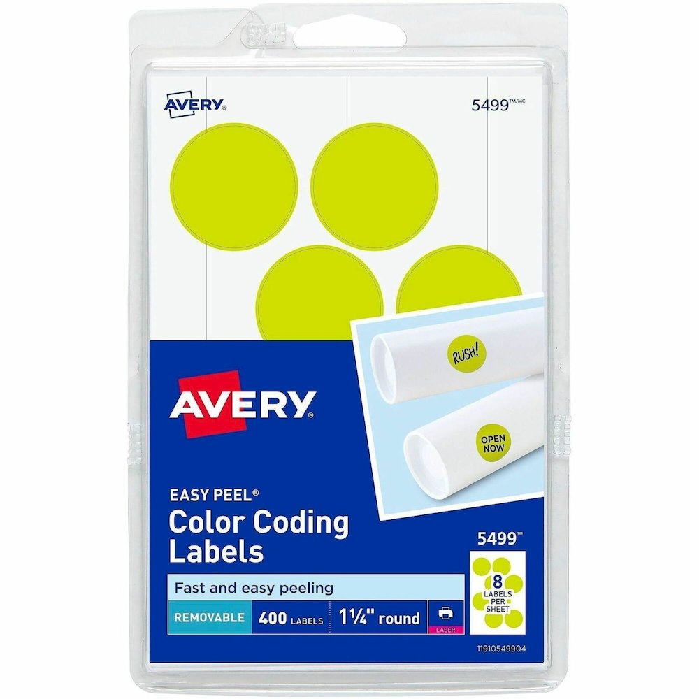 Avery&reg; 1-1/4" Color-Coding Labels - 1 1/4" Diameter - Removable Adhesive - Round - Laser - Neon Yellow - 12 / Sheet - 400 / Pack. Picture 1