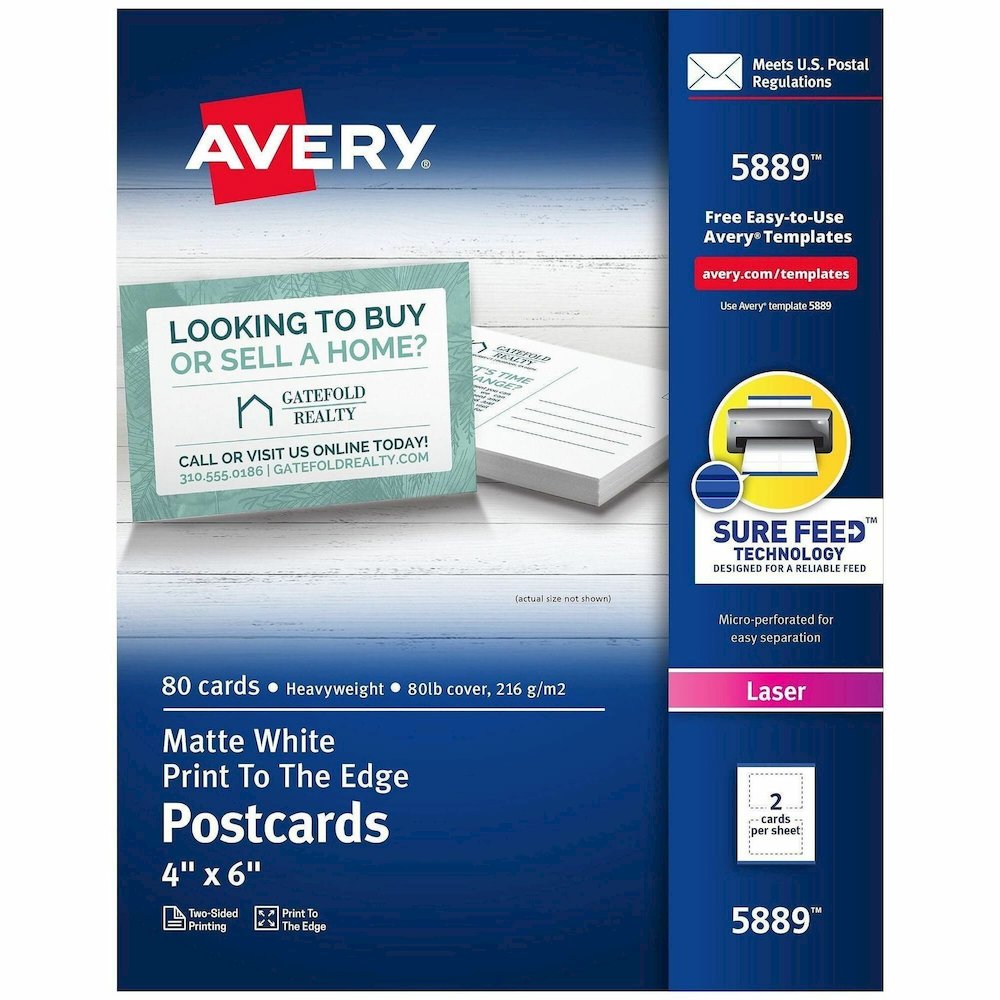 Avery&reg; Sure Feed Postcards - 97 Brightness - 6" x 4" - 80 lb Basis Weight - 216 g/m² Grammage - Matte - Perforated, Heavyweight, Rounded Corner, Uncoated, Recyclable, Biodegradable, Print-to-. Picture 1
