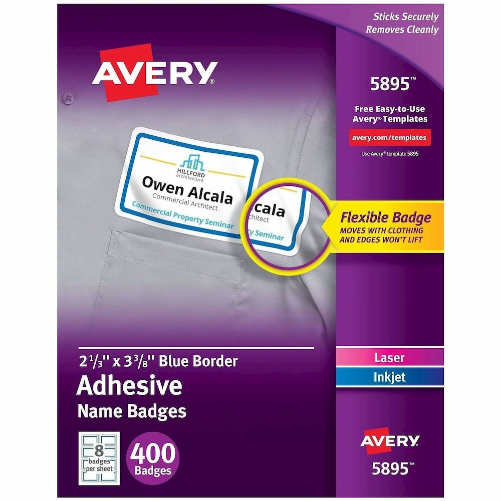 Avery&reg; Adhesive Name Badges - 2 21/64" Width x 3 3/8" Length - Removable Adhesive - Rectangle - Inkjet, Laser - Matte - White, Blue - Blue Border - Film - 8 / Sheet - 50 Total Sheets - 400 Total L. Picture 1