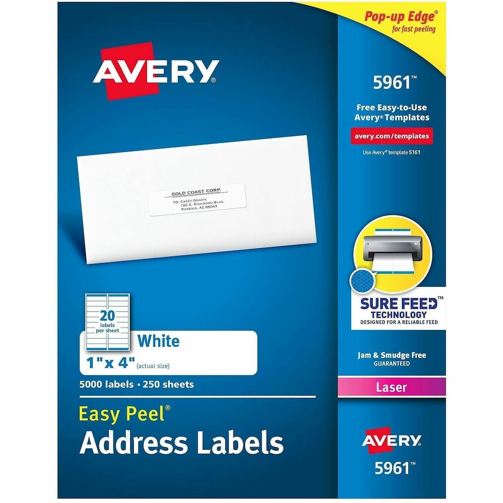 Avery&reg; Easy Peel Address Labels, 1" x 4" , 5,000 White Labels (5961) - x 1" Width x 4" Length - Permanent Adhesive - Rectangle - Laser - Matte - White - Paper - 20 / Sheet - 250 Total Sheets - 500. Picture 1