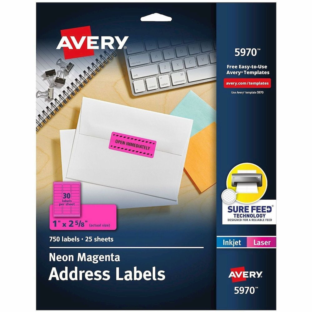 Avery&reg; Address Label - x 1" Width x 2 5/8" Length - Permanent Adhesive - Rectangle - Laser, Inkjet - Matte - Neon Magenta - Paper - 30 / Sheet - 25 Total Sheets - 750 Total Label(s) - For Label Ma. Picture 1