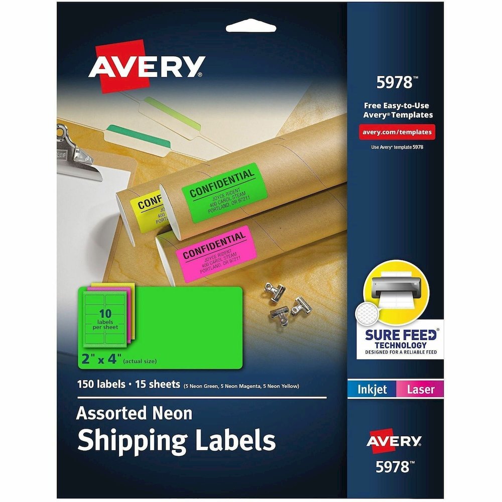 Avery&reg; 2"x4" Neon Shipping Labels, Sure Feed, 150 Labels (5978) - x 2" Width x 4" Length - Permanent Adhesive - Rectangle - Laser, Inkjet - Matte - Neon Magenta, Neon Green, Neon Yellow - Paper - . Picture 1