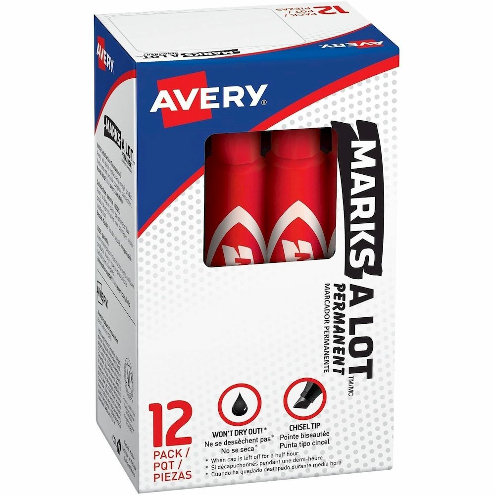 Avery&reg; Marks A Lot Permanent Markers - Red Ink - Red Plastic Barrel - 1 Dozen. Picture 1