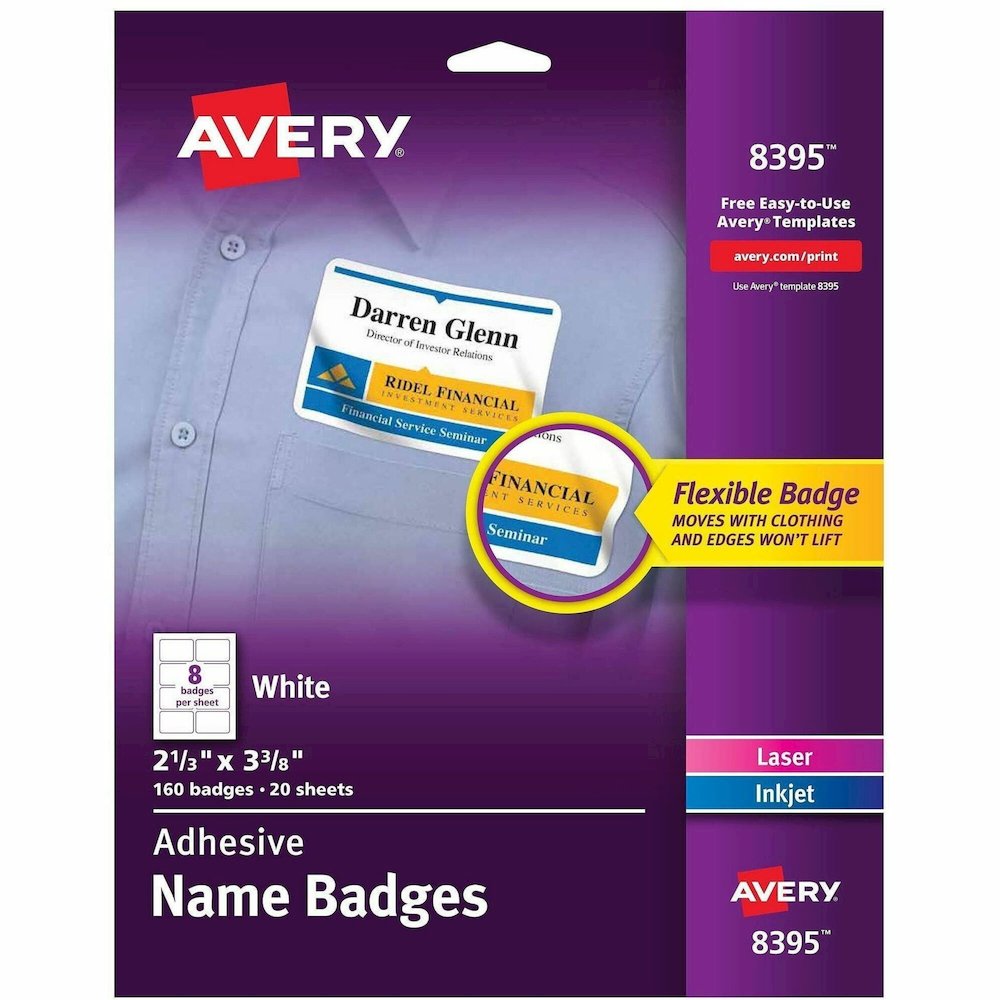 Avery&reg; Adhesive Name Badges - 2 21/64" Width x 3 3/8" Length - Removable Adhesive - Rectangle - Inkjet, Laser - Matte - White - Film - 8 / Sheet - 20 Total Sheets - 160 Total Label(s) - 160 / Pack. Picture 1