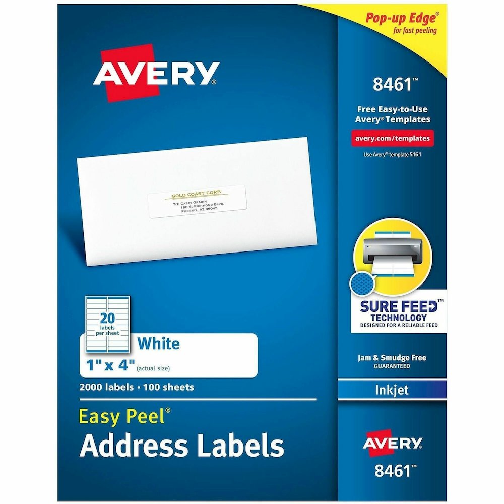 Avery&reg; Easy Peel Address Labels, 1" x 4" , 2,000 White Labels (8461) - x 1" Width x 4" Length - Permanent Adhesive - Rectangle - Inkjet - Matte - White - Paper - 20 / Sheet - 100 Total Sheets - 20. Picture 1