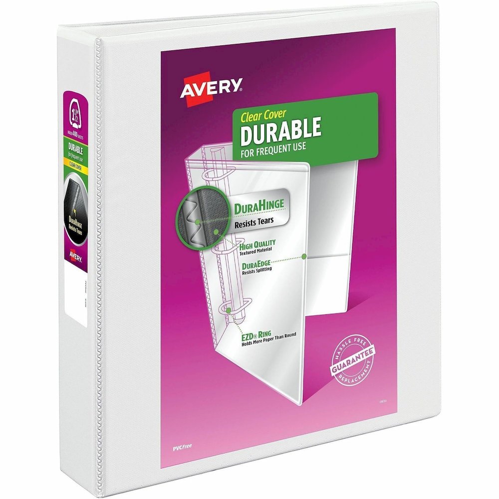 Avery&reg; Durable View Binder - EZD Rings - 1 1/2" Binder Capacity - Letter - 8 1/2" x 11" Sheet Size - 400 Sheet Capacity - 3 Ring - Fastener: D-Ring - Pocket: 2, Internal - Poly - White - Recycled . Picture 1