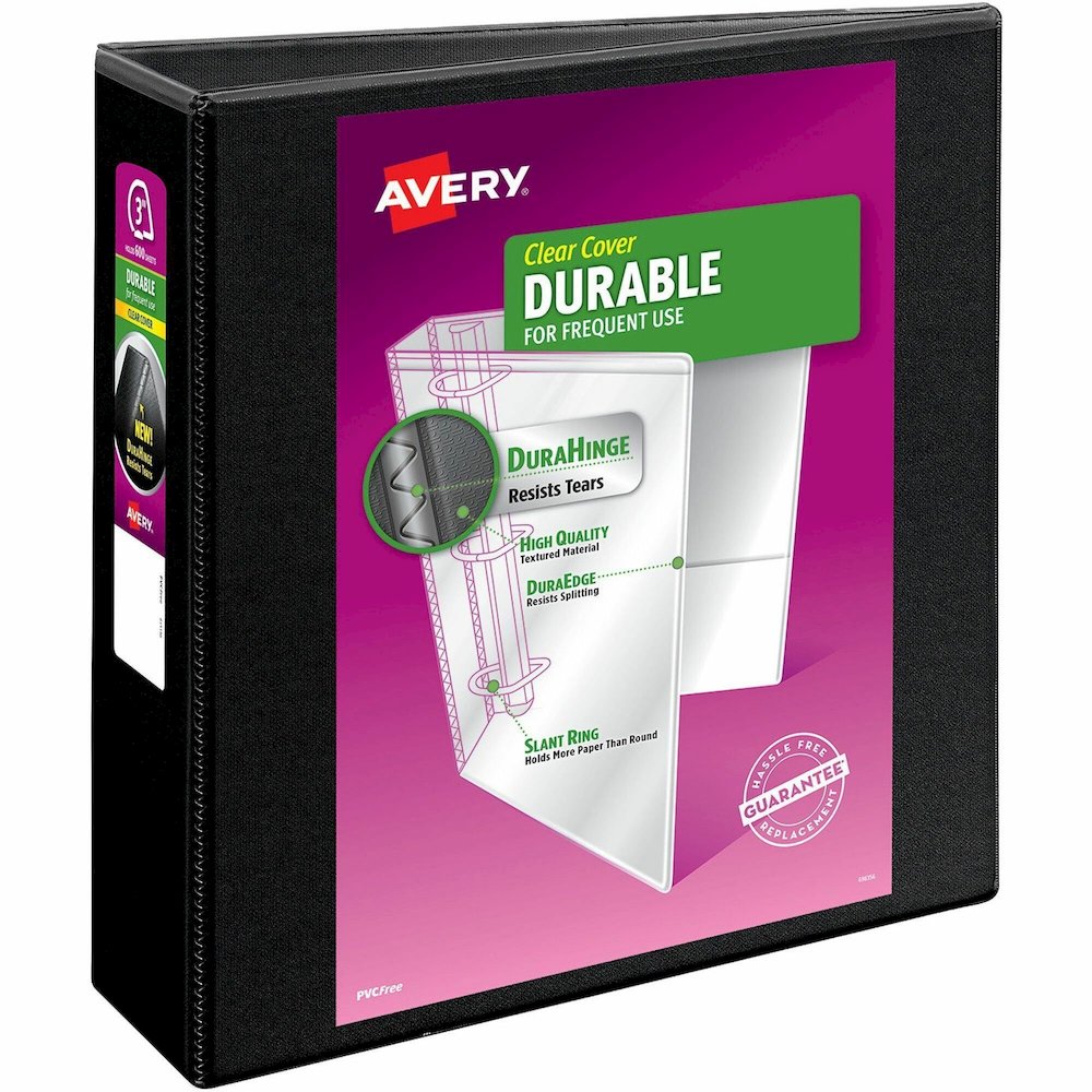 Avery&reg; Durable View Binder - EZD Rings - 3" Binder Capacity - Letter - 8 1/2" x 11" Sheet Size - 670 Sheet Capacity - 3 Ring - Fastener: D-Ring - Pocket: 4, Internal - Poly - Black - Recycled - Ea. Picture 1