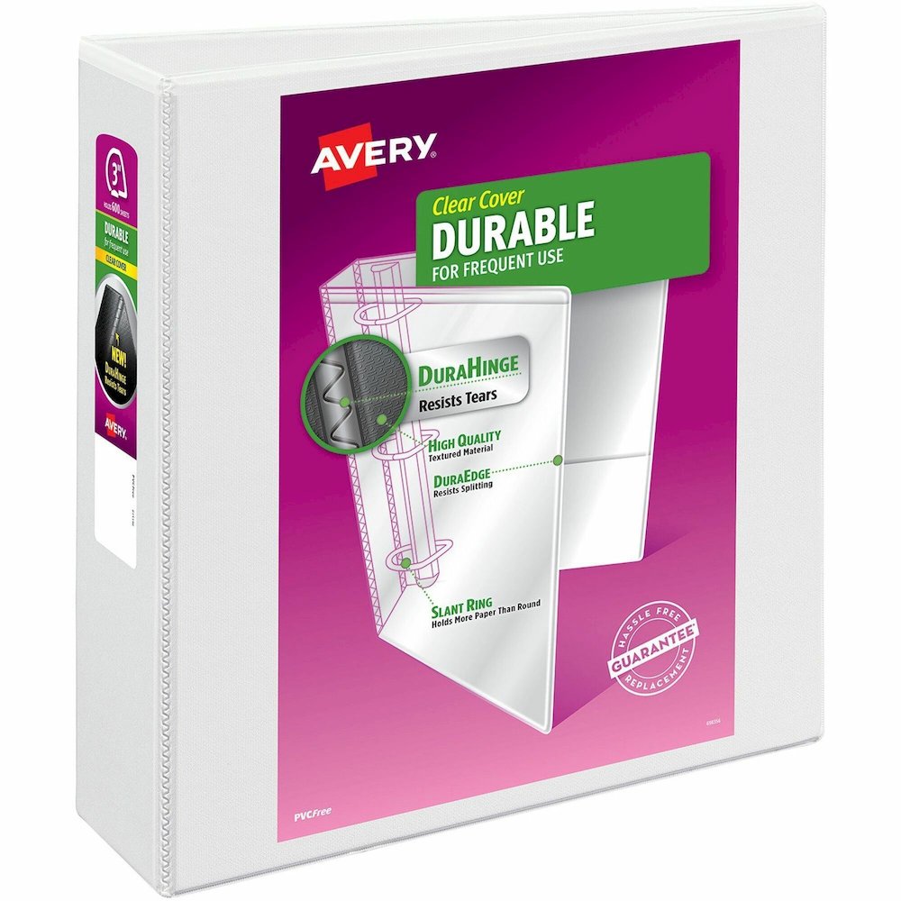 Avery&reg; Durable View Binder - EZD Rings - 3" Binder Capacity - Letter - 8 1/2" x 11" Sheet Size - 670 Sheet Capacity - 3 Ring - Fastener: D-Ring - Pocket: 4, Internal - Poly - White - Recycled - Ea. Picture 1