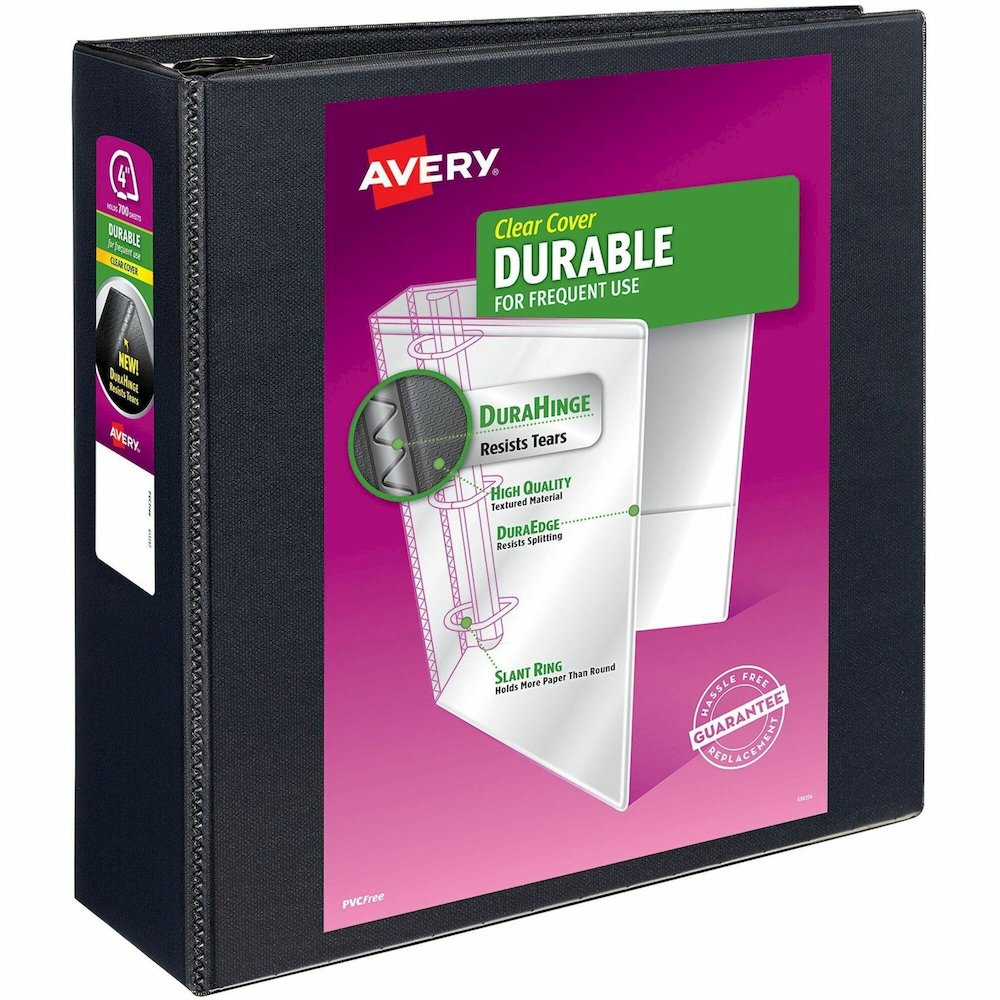 Avery&reg; Durable View Binder - EZD Rings - 4" Binder Capacity - Letter - 8 1/2" x 11" Sheet Size - 780 Sheet Capacity - 3 Ring - Fastener: D-Ring - Pocket: 4, Internal - Poly - Black - Recycled - Ea. Picture 1