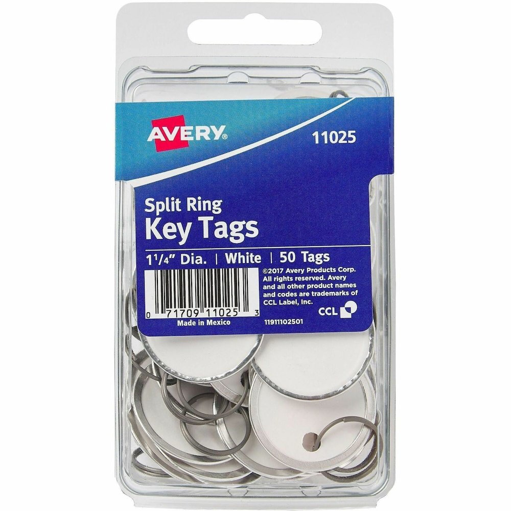 Avery&reg; 1-1/4" Metal Rim Key Tags, Split Ring, White, 50 Tags (11025) - Round - Metal, Card Stock - White - 50 / Pack. Picture 1