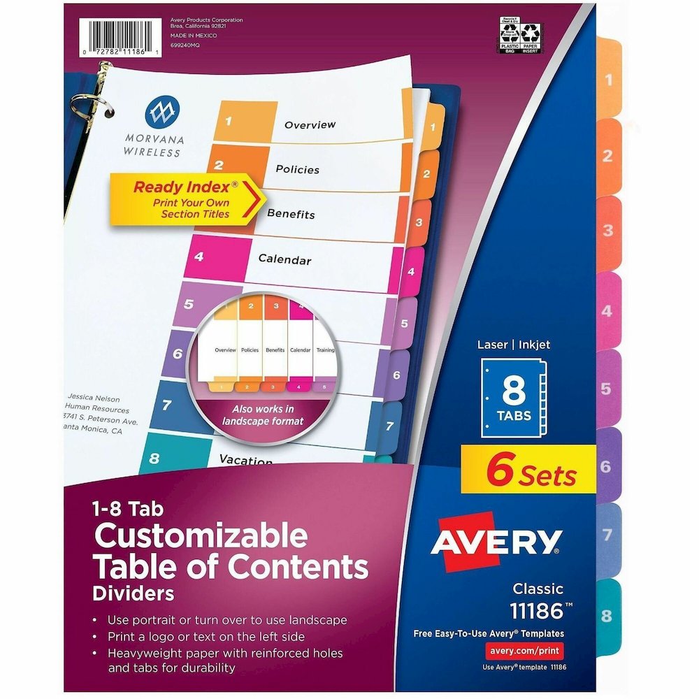 Avery Ready Index 8 Tab Dividers, Customizable TOC, 6 Sets (11186) - 48 x Divider(s) - 48 Tab(s) - Digit - 1-8 - 8 Tab(s)/Set - 8.5" Divider Width x 11" Divider Length - 3 Hole Punched - White Paper D. Picture 1