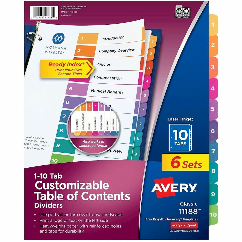 Avery Ready Index 10 Tab Dividers, Customizable TOC, 6 Sets (11188) - 60 x Divider(s) - 60 Printed Tab(s) - Digit - 1-10 - 10 Tab(s)/Set - 8.5" Divider Width x 11" Divider Length - 3 Hole Punched - Wh. Picture 1