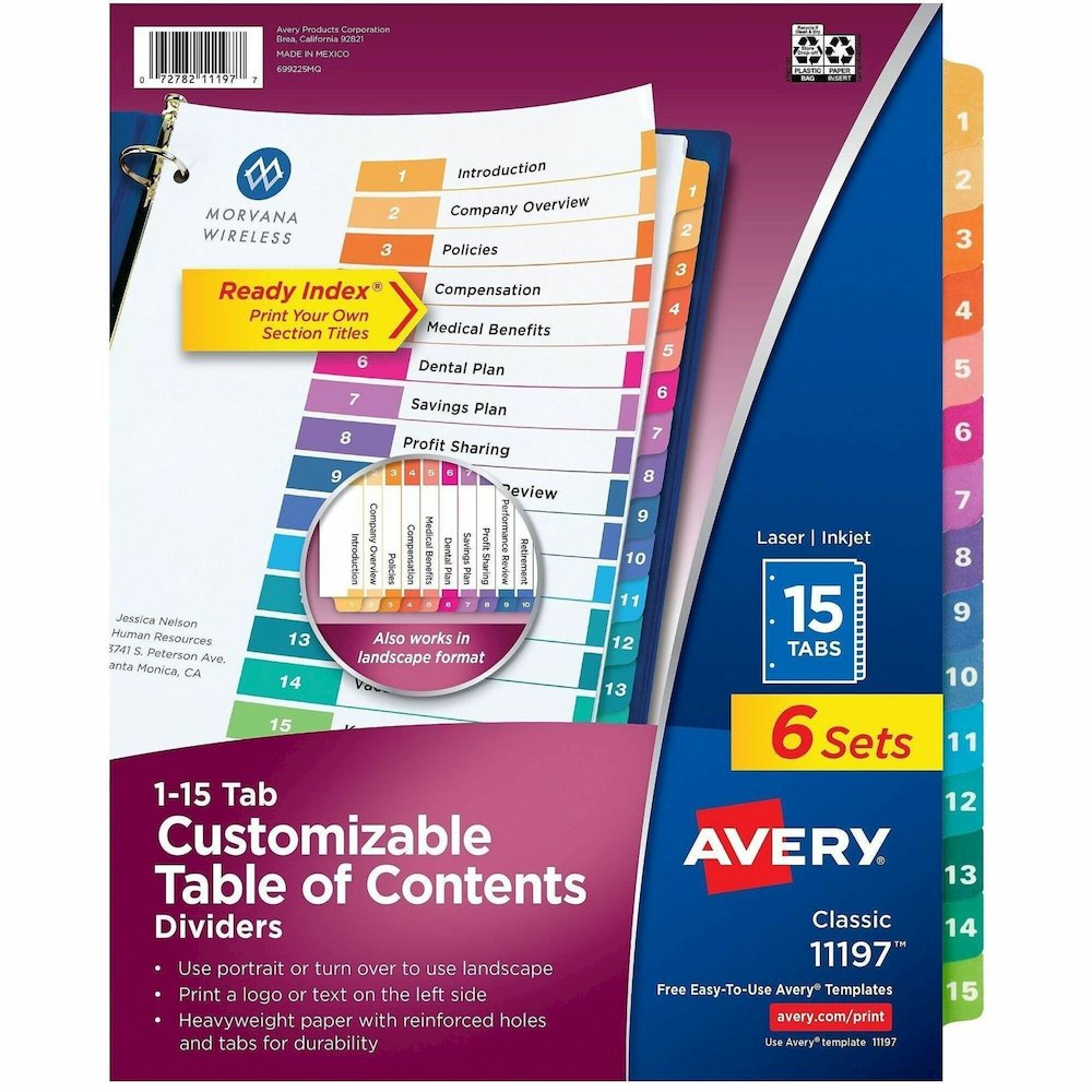 Avery Ready Index 15 Tab Dividers, Customizable TOC, 6 Sets (11197) - 90 x Divider(s) - 90 Tab(s) - Digit - 1-15 - 15 Tab(s)/Set - 8.5" Divider Width x 11" Divider Length - 3 Hole Punched - White Pape. Picture 1