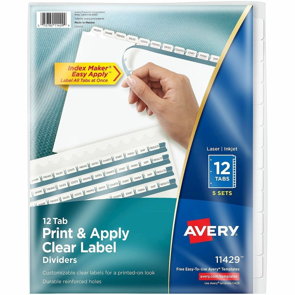 Avery 12 Tab Print & Apply Dividers, Index Maker(R), 5 Sets (11429) - 5 x Divider(s) - 60 Print-on Tab(s) - 12 Tab(s)/Set - 8.5" Divider Width x 11" Divider Length - 3 Hole Punched - White Paper Divid. Picture 1