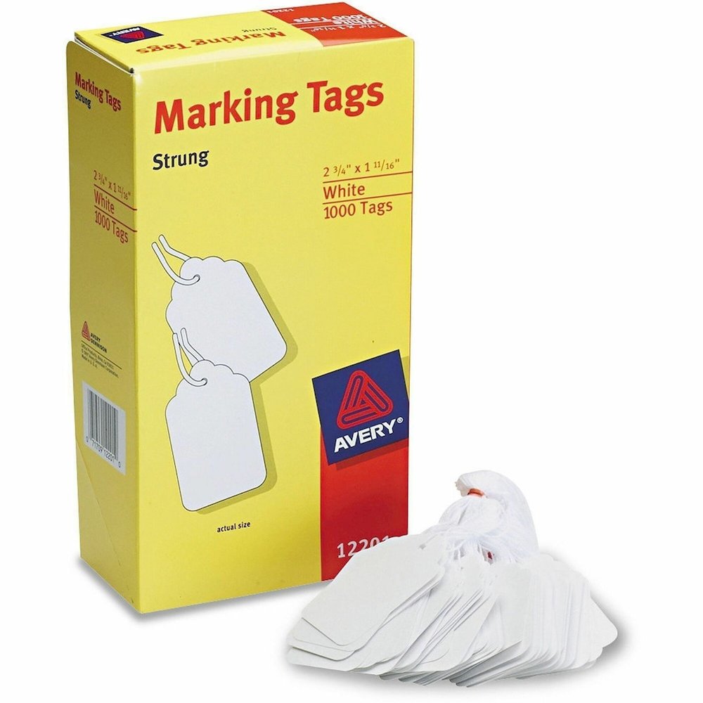 Avery&reg; Marking Tags, Strung, 2-3/4" x 1-11/16" , 1,000 Tags (12201) - 2.75" Length x 1.69" Width - Rectangular - Twine Fastener - Cotton, Polyester - White - 1000 / Box. Picture 1