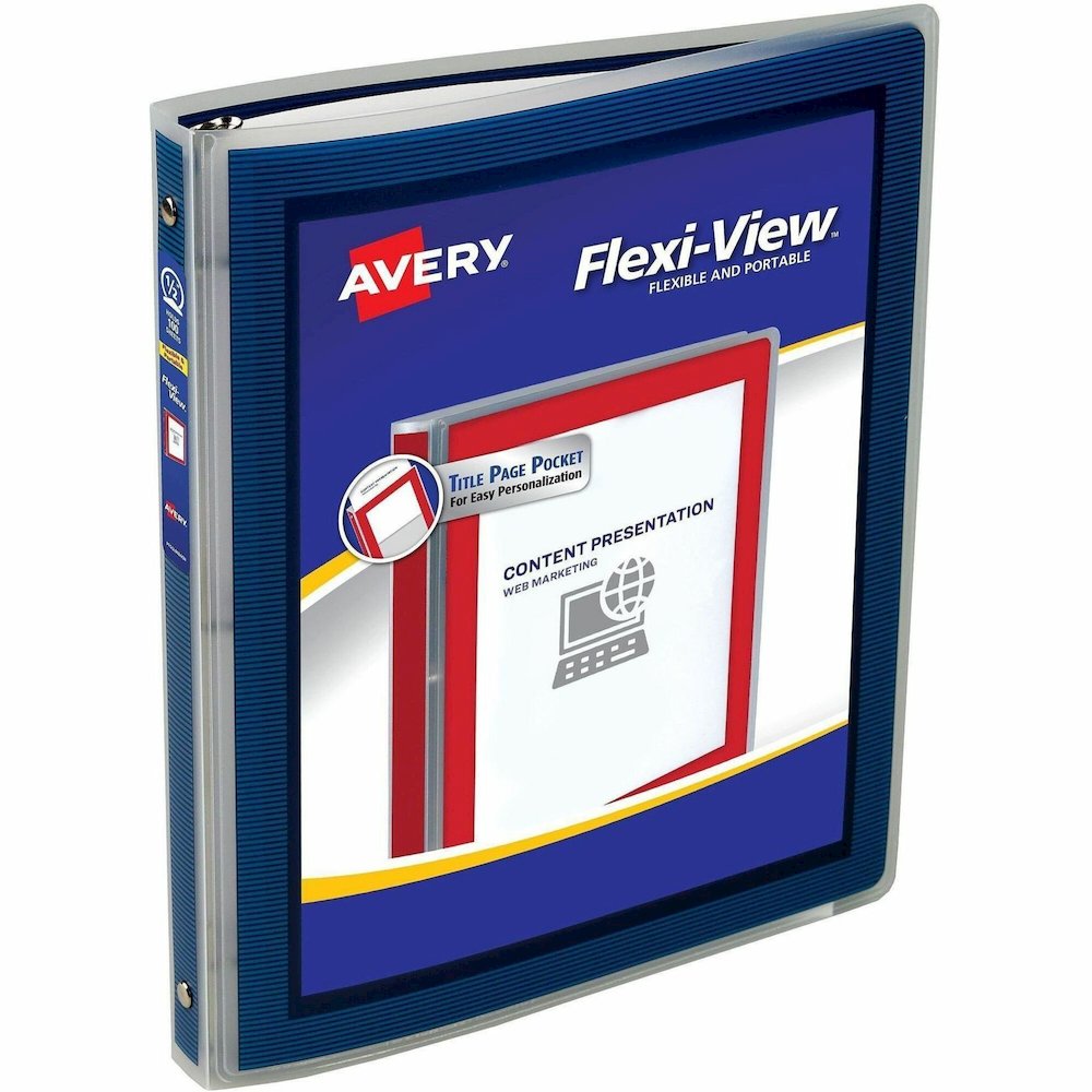 Avery&reg; Flexi-View Binder ½" , Round Rings, Blue - 1/2" Binder Capacity - Letter - 8 1/2" x 11" Sheet Size - 100 Sheet Capacity - 3 x 0.50" Ring - Fastener: Round Ring - Pocket: 0, Internal - Polyp. Picture 1