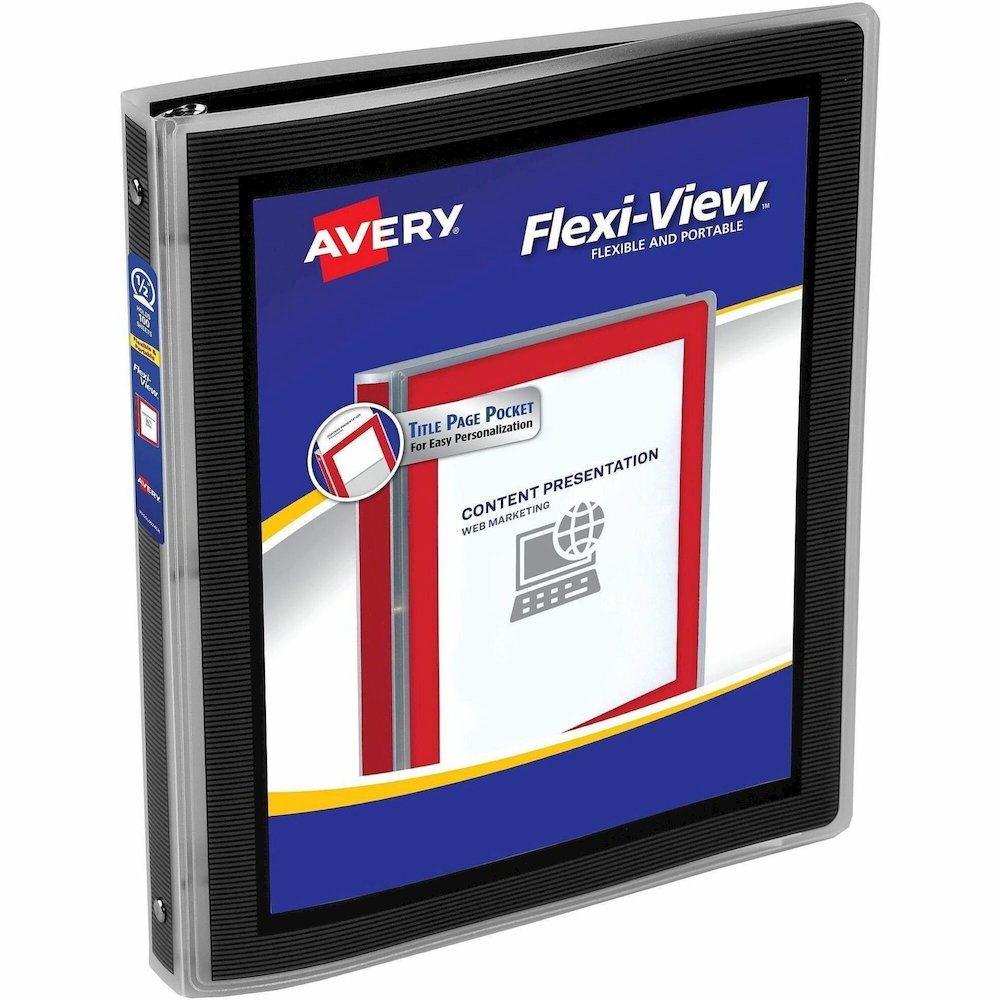 Avery&reg; Flexi-View Binder ½" , Round Rings, Black - 1/2" Binder Capacity - Letter - 8 1/2" x 11" Sheet Size - 100 Sheet Capacity - 3 x 0.50" Ring - Fastener: Round Ring - Pocket: 0, Internal - Poly. Picture 1