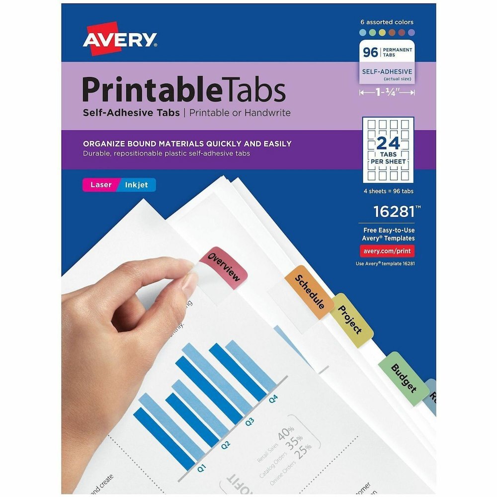 Avery&reg; Printable Repositionable Tabs - 96 Tab(s) - 1.25" Tab Width - Permanent - Paper Divider - Assorted Paper Tab(s) - 96 / Pack. Picture 1
