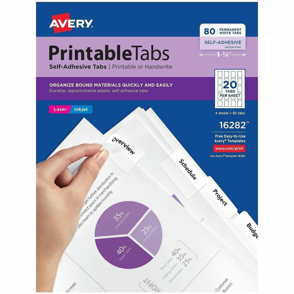 Avery&reg; Printable Repositionable Tabs - 80 Tab(s) - 1.75" Tab Width - Permanent - Paper Divider - White Paper Tab(s) - Permanent Adhesive, Printable, Repositionable, Durable, Customizable, Double-s. Picture 1