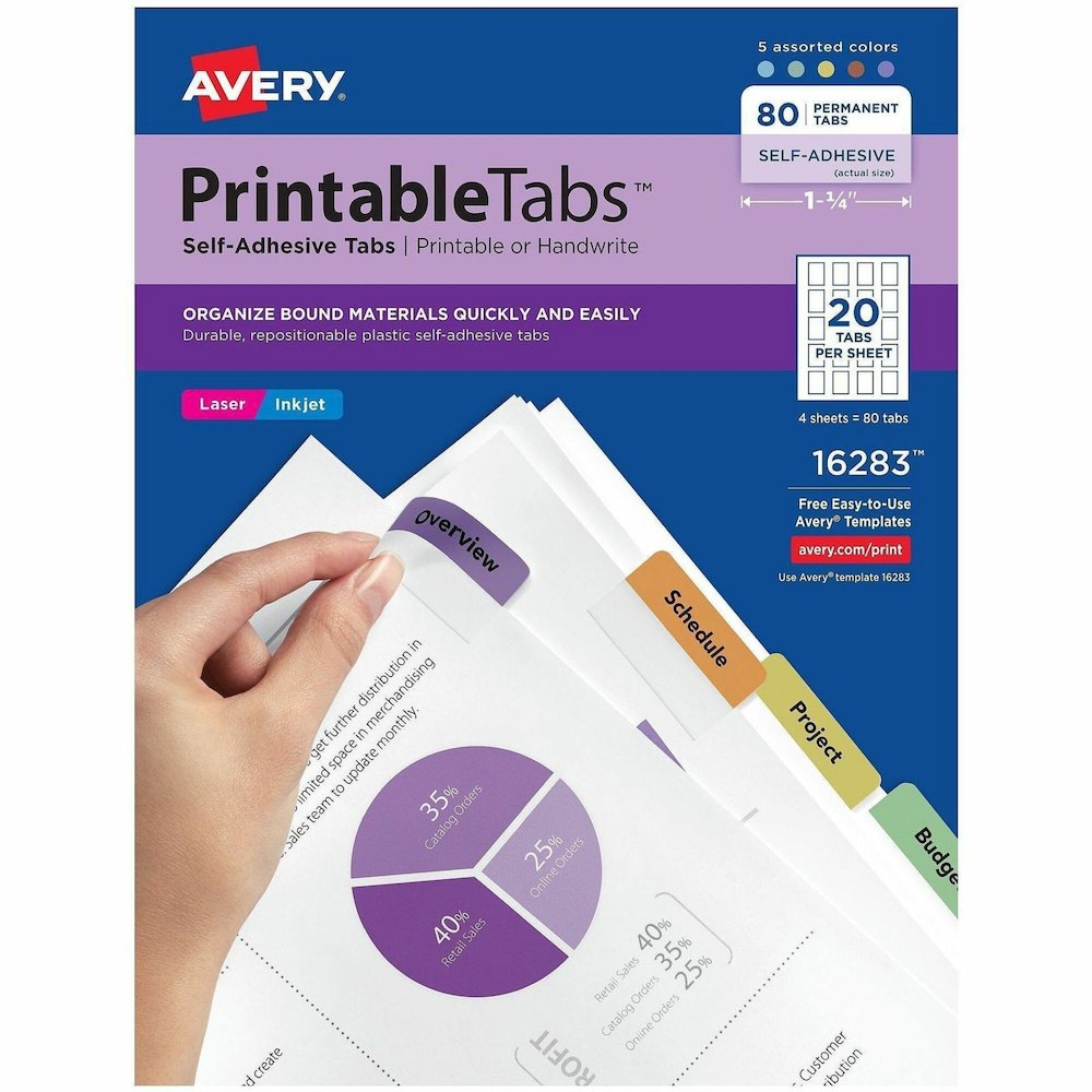 Avery&reg; Printable Repositionable Tabs - 80 Tab(s) - 1.75" Tab Width - Permanent - Paper Divider - Assorted Paper Tab(s) - 80 / Pack. Picture 1
