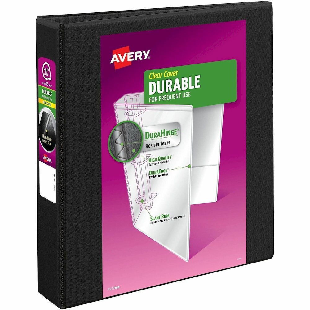 Avery&reg; Durable View 1.5" Binder, Black Binder (17021) - Avery&reg; Durable View 3 Ring Binders, 1.5 Inch Slant Rings, 375-Sheet Capacity, DuraHinge(R), 2.1 Inch Wide Spine, Customizable Clear Cove. Picture 1