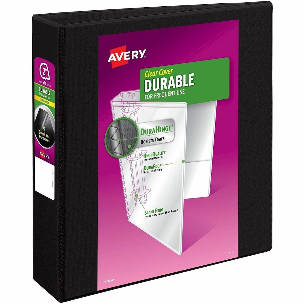 Avery&reg; Durable View 3 Ring Binder, 2" Slant Rings, 1 Black Bind2" , Slant D Rings, Black - 2" Binder Capacity - Letter - 8 1/2" x 11" Sheet Size - 530 Sheet Capacity - 530 x 2" Ring - Fastener: Sl. Picture 1