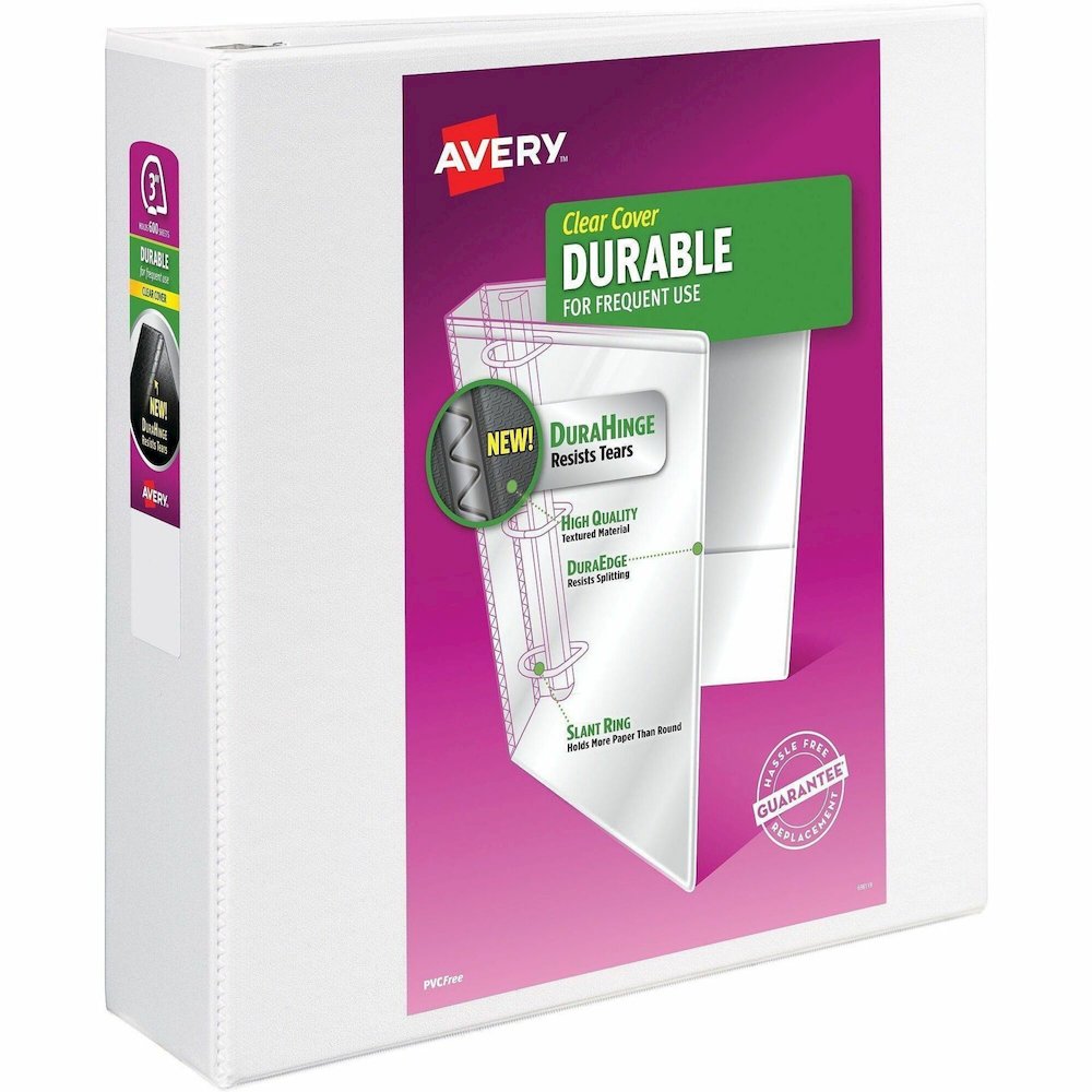 Avery&reg; Durable View Binder 3" , Slant D Rings, White - 3" Binder Capacity - Letter - 8 1/2" x 11" Sheet Size - 635 Sheet Capacity - 635 Ring - Fastener: Slant Ring - Pocket: 2, Internal - Polyprop. Picture 1