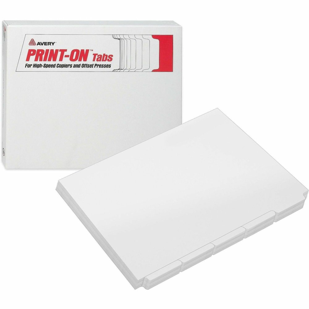 Avery&reg; Print-On Tabs for High-Speed Copiers and Offset Presses, 5 Tabs - 150 x Divider(s) - 150 Print-on Tab(s) - 5 - 5 Tab(s)/Set - 8.5" Divider Width x 11" Divider Length - White Paper Divider -. Picture 1