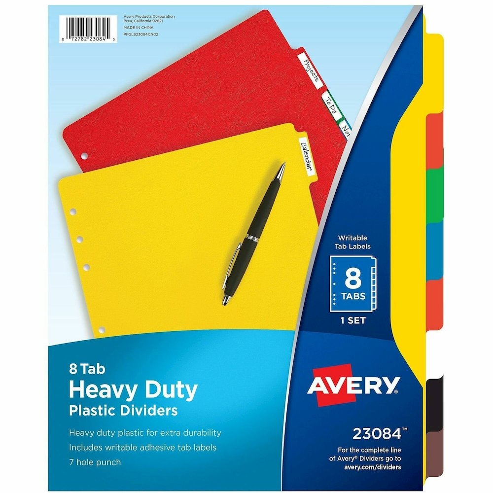 Avery&reg; Plastic Tab Dividers w/ White Labels - 8 x Divider(s) - 8 Tab(s) - 8 - 8 Tab(s)/Set - 8.5" Divider Width x 11" Divider Length - 7 Hole Punched - Self-adhesive - Multicolor Plastic Divider -. Picture 1
