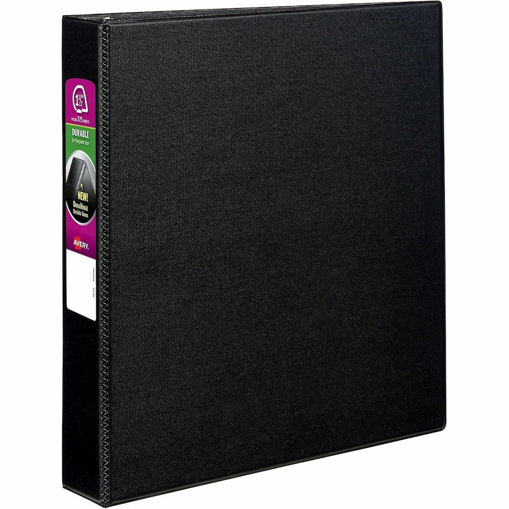 Avery&reg; Durable Binder - DuraHinge - 1 1/2" Binder Capacity - Letter - 8 1/2" x 11" Sheet Size - 375 Sheet Capacity - 3 Ring - Fastener: Slant D-Ring - Pocket: 2, Internal - Black - 1.28 lb - Recyc. Picture 1