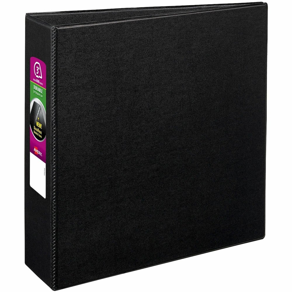 Avery&reg; Durable Binder - DuraHinge - 3" Binder Capacity - Letter - 8 1/2" x 11" Sheet Size - 600 Sheet Capacity - 3 Ring - Fastener: Slant D-Ring - Pocket: 2, Internal - Black - 1.98 lb - Recycled . Picture 1