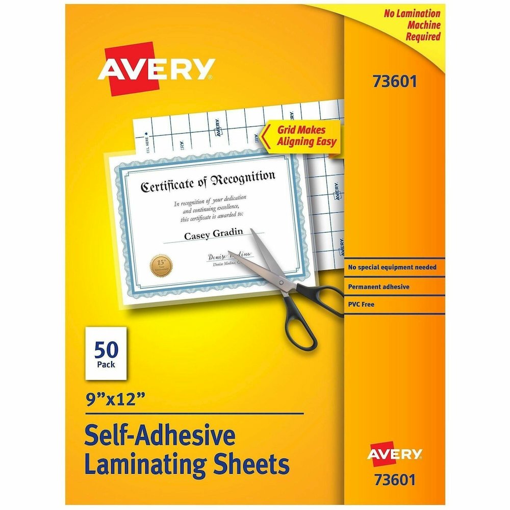 Avery&reg; Self-Adhesive Lamination - Laminating Pouch/Sheet Size: 9" Width x 12" Length - for Certificate - Self-adhesive, Photo-safe, Self-adhesive - Clear - 50 / Box. Picture 1