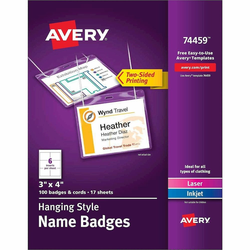 Avery Name Badges with Cords, 3" x 4" , 100 Total (74459) - Letter - 8 1/2" x 11" - Printable, Durable, Micro Perforated, PVC-free, Double-sided, Smudge-free, Flexible - White - 17 Sheets - 6 - 100 / . Picture 1