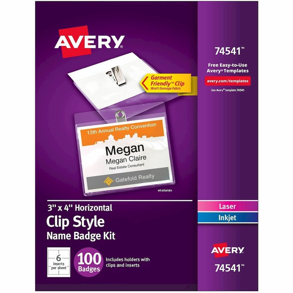 Avery&reg; Clip-Style Name Badges - 4" x 3" - Clip - White, Clear - 1 Box. Picture 1