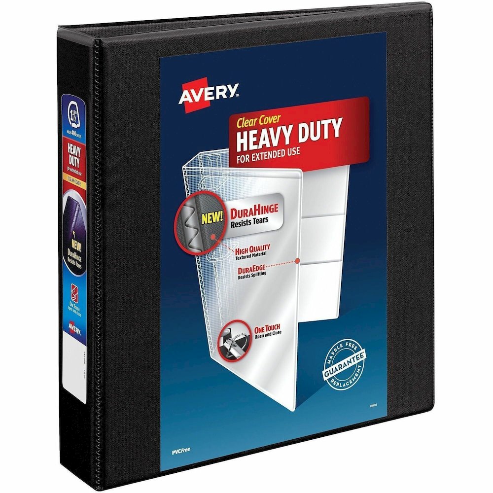 Avery 1-1/2" Heavy Duty View Binder, One Touch EZD Ring, Blk, 400 Sheets - Avery&reg; Heavy-Duty View 3 Ring Binder, 1.5" One Touch EZD(R) Ring, Holds 8.5" x 11" Paper, Black (79695). Picture 1
