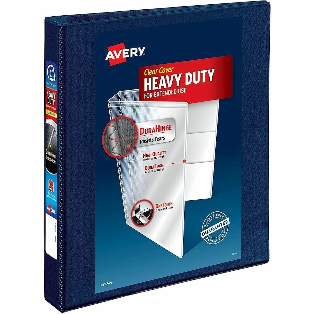 Avery&reg; Heavy-Duty View 3 Ring Binder - 1" Binder Capacity - Letter - 8 1/2" x 11" Sheet Size - 275 Sheet Capacity - 275 x 1" Ring - Fastener: Ring - Pocket: 4, Internal - Polypropylene - Navy Blue. Picture 1