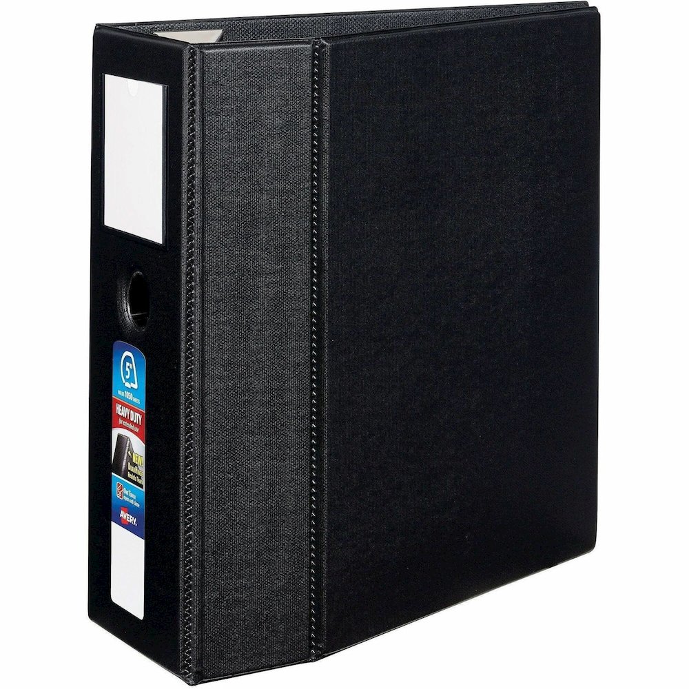 Avery Heavy Duty Binder 5" , One Touch™ Locking D Rings, Black - 5" Binder Capacity - Letter - 8 1/2" x 11" Sheet Size - 1050 Sheet Capacity - 3 x 5" Ring - Fastener: Ring - Pocket: 4, Internal . Picture 1