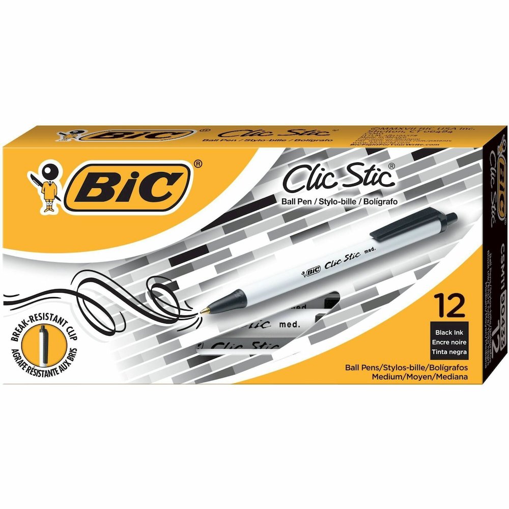 BIC Clic Stic Retractable Ballpoint Pens - Retractable - Black Ink - White Barrel - 1 Dozen. Picture 1